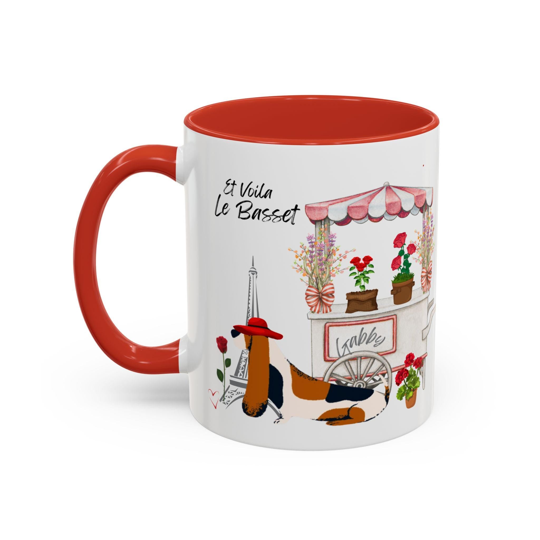 Le Basset Coffee Mug. This chic Basset Hound dog loves flowers especially in a stylish mug.