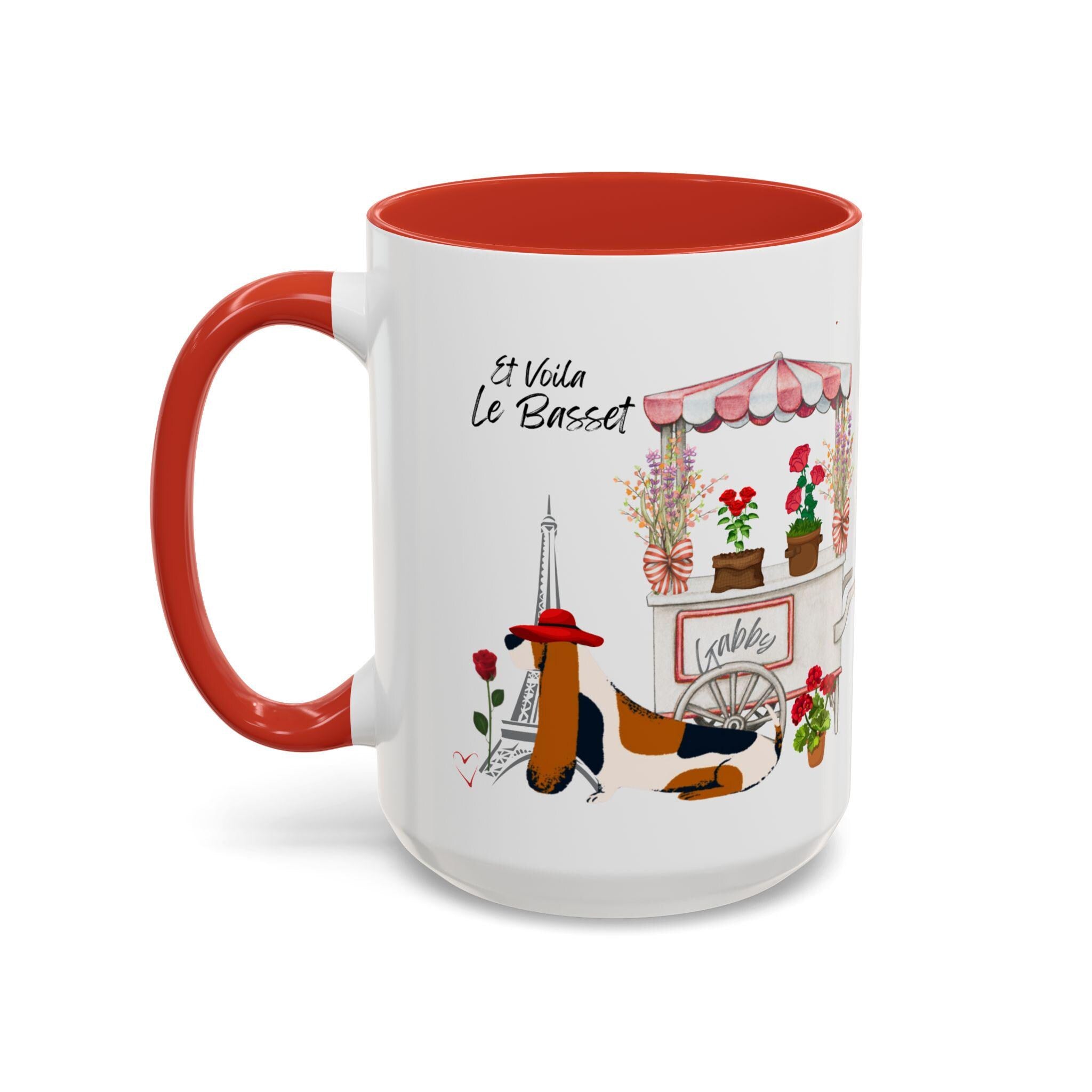 Le Basset Coffee Mug. This chic Basset Hound dog loves flowers especially in a stylish mug.