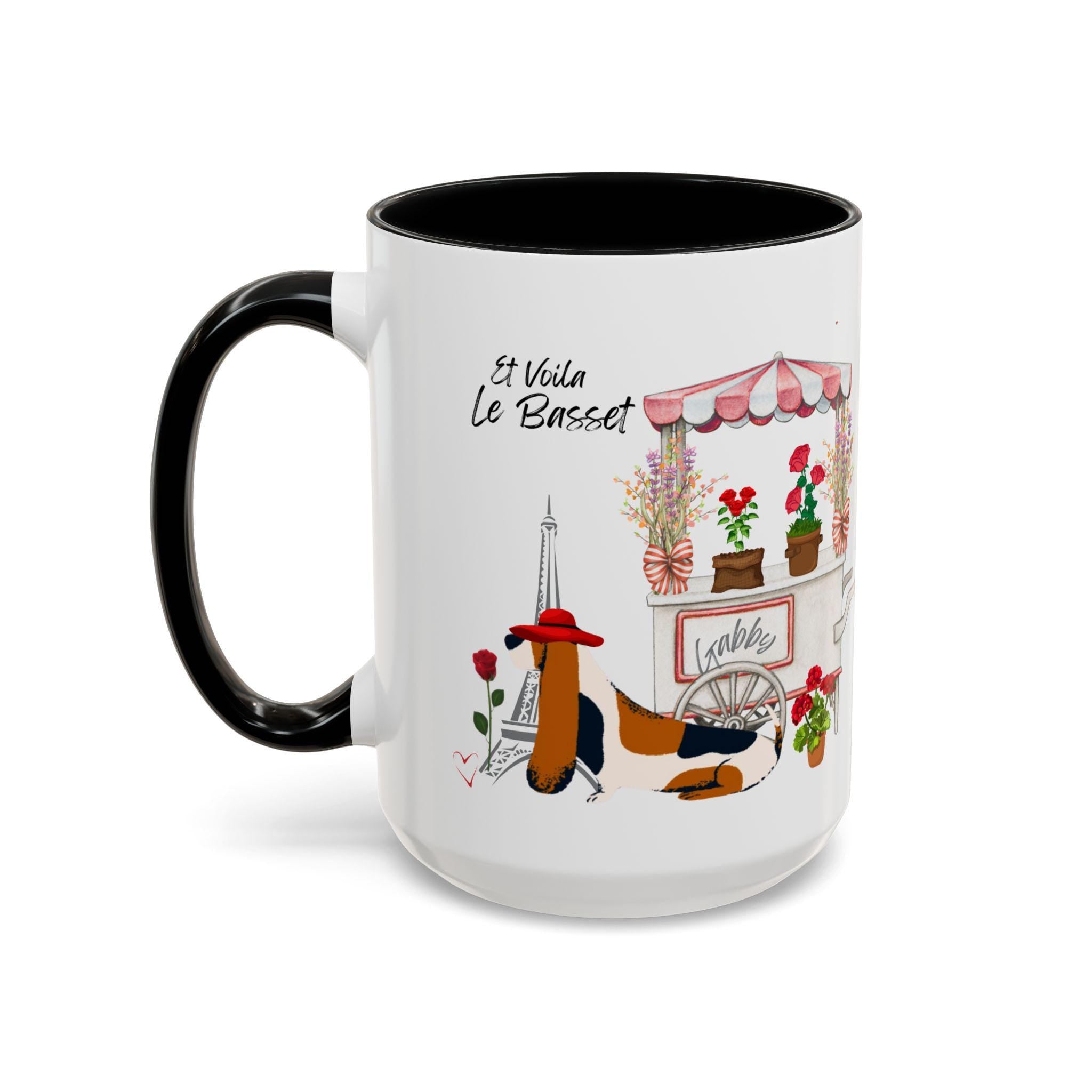Le Basset Coffee Mug. This chic Basset Hound dog loves flowers especially in a stylish mug.