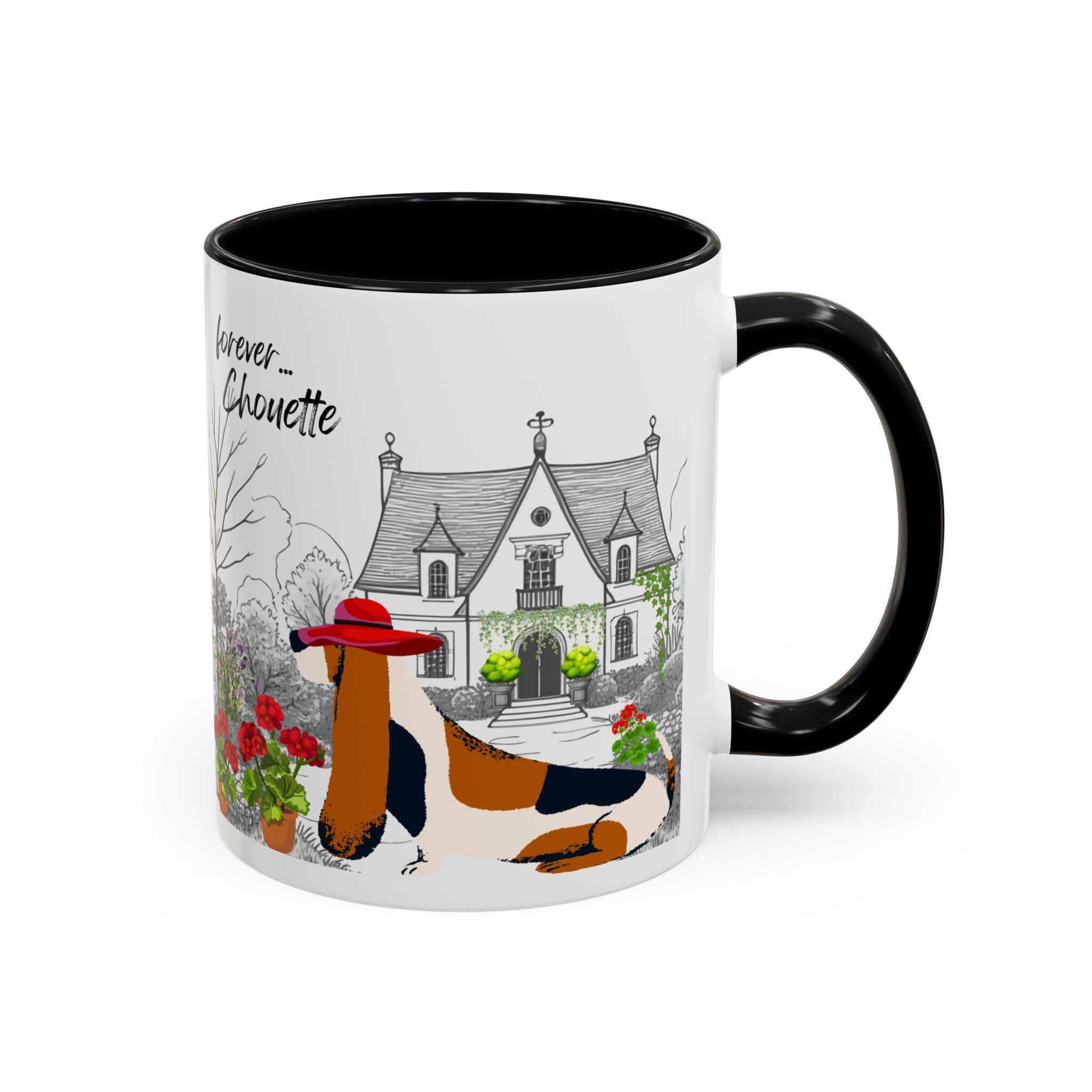 Le Basset Coffee Mug. This chic Basset Hound dog loves flowers especially in a stylish mug.